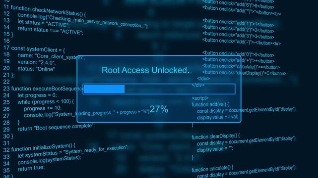 Root access unlocked cyber security progress bar animation loop with percentage status box on dark programming code background asset