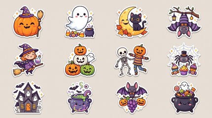 Fototapeta premium Set of cute Halloween stickers with pumpkins, ghosts, witches and spooky characters