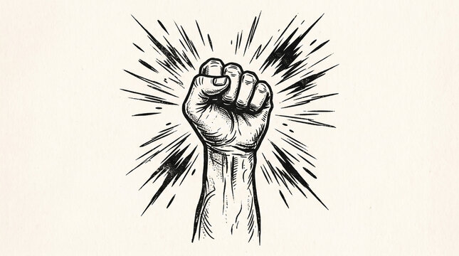 Raised fist symbol of power and protest in a bold black and white ink illustration style.
