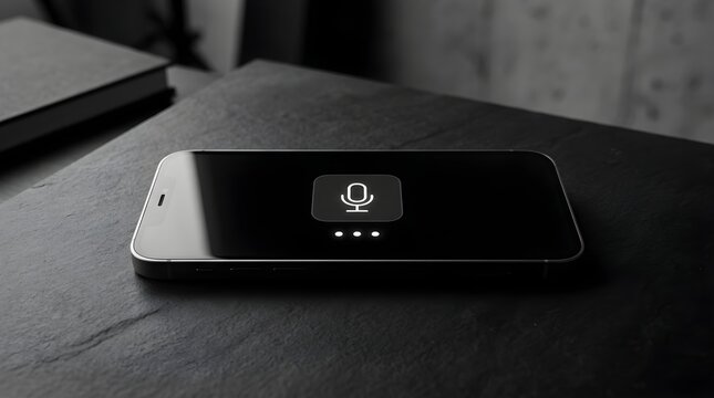 Modern smartphone on dark surface with active voice assistant microphone icon on screen