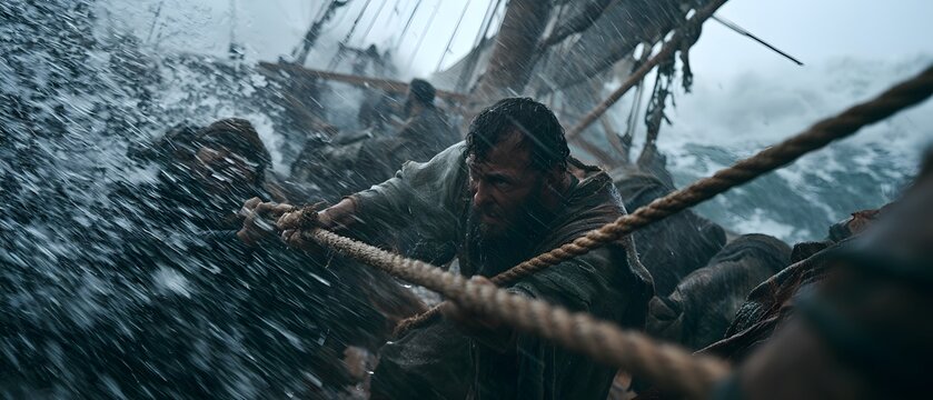 A man pulling a rope on a wooden boat amidst a stormy sea with splashing waves and heavy rain