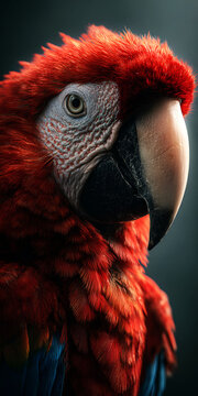 Close-up red macaw portrait with a curved beak and patterned face