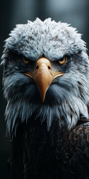 Close-up eagle portrait with a hooked yellow beak and piercing eyes