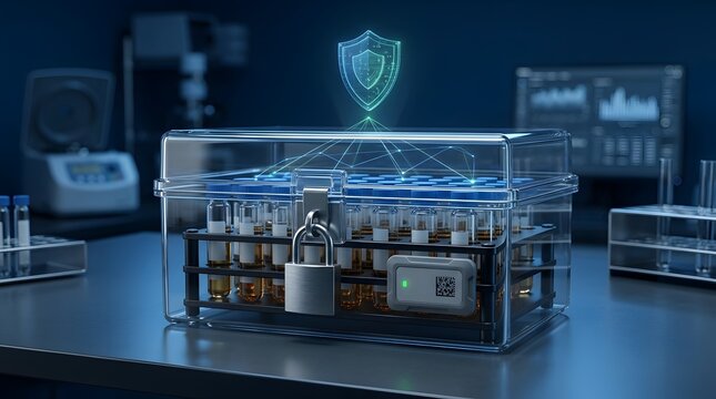 Locked medical sample box with digital security shield in laboratory