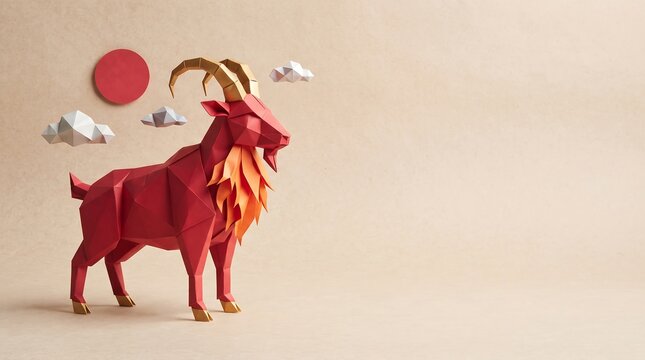Chinese New Year 2027 origami red fire goat standing on beige background with low-poly clouds and sun