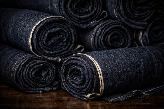 Rolls of raw dark blue denim fabric stacked in a textile factory or clothing workshop.