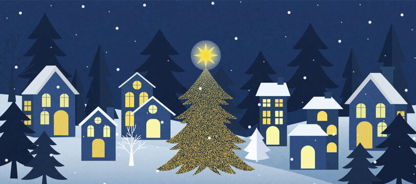 Christmas Night Winter background vector. Happy New Year season greeting with house, pine tree, reindeer and snowfall. Background design for invitation, cards, social post, cover, sale banner, ads.