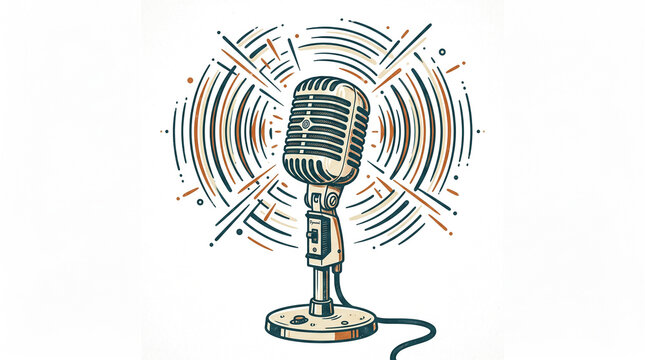Vintage microphone illustration with sound waves for podcasting and radio broadcasting