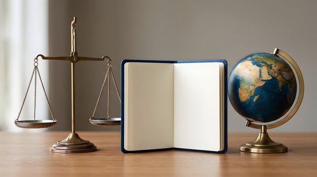 Scales of justice with open notebook and world globe on wooden table