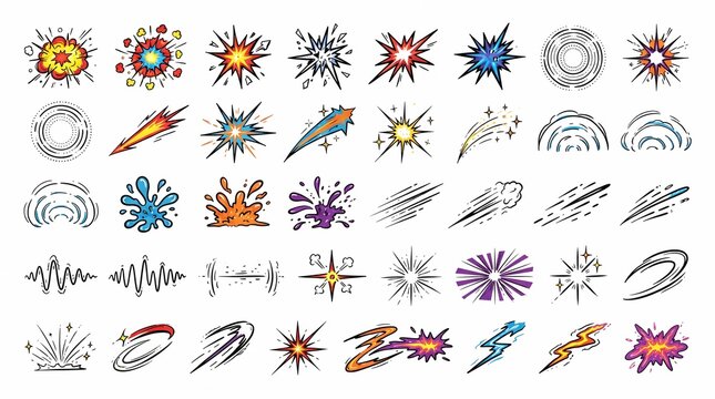 Comic style explosion effects, 40 hand drawn action icons. Retro cartoon blast and splash elements. Colorful comic book visual assets.