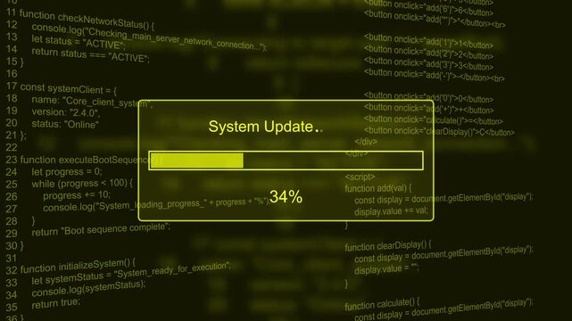 System update progress bar animation loop with percentage loading box on green glowing programming code background visual asset