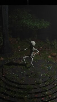 Playful alien dancing on a circular stone platform in a shadowy forest, surreal vertical reel mixing science fiction humor, strange ritual movement, cinematic atmosphere and fantasy storytelling
