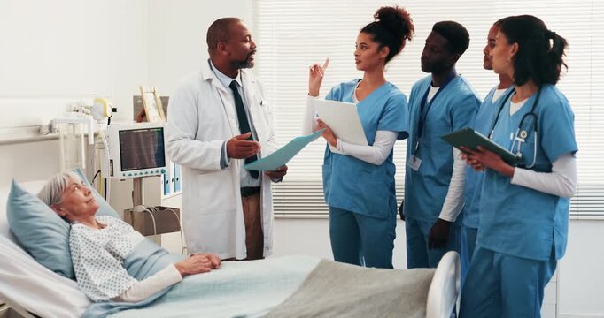 Conversation, doctor and healthcare students with woman in hospital for coaching or residency. Documents, feedback and medical professional teaching internship people for education or training