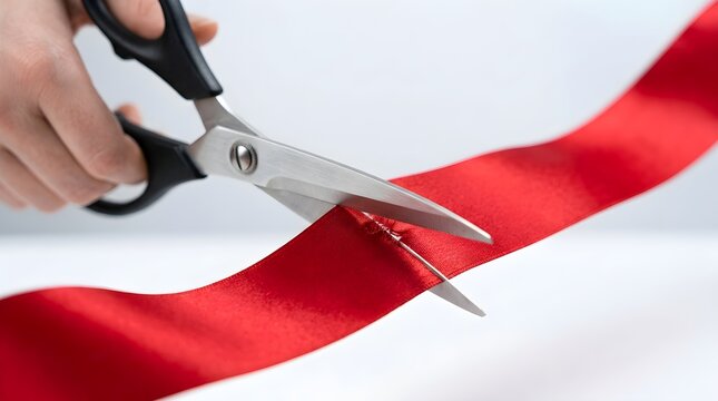 Close-up of scissors cutting a red satin ribbon for a grand opening ceremony or event launch.