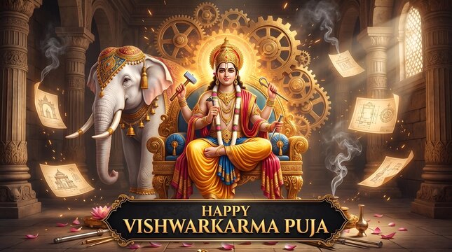 a bold typographic banner at bottom reading "Happy Vishwakarma Puja."
