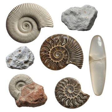 Ammonite Fossils and Natural Stones Collection Isolated on White Background