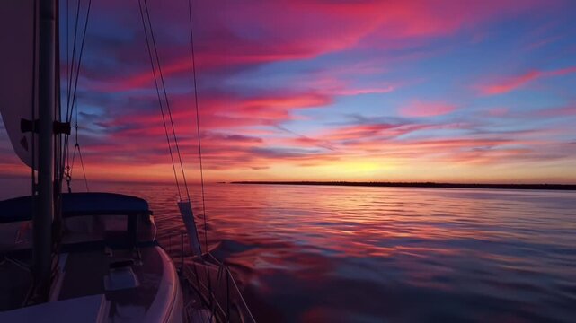 Sailing Boat at Sunset on Calm Ocean with Vibrant Red and Blue Sky