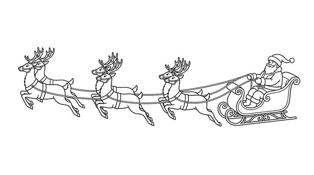 Santa Claus in flying sleigh with reindeer line art illustration