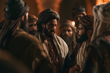 Fototapeta premium Group of men in traditional turbans and robes engaged in intense discussion