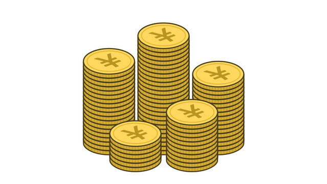 日本円マークの刻印がされた金色のコインがたくさん積み上がっていくアルファチャンネル付きイラスト