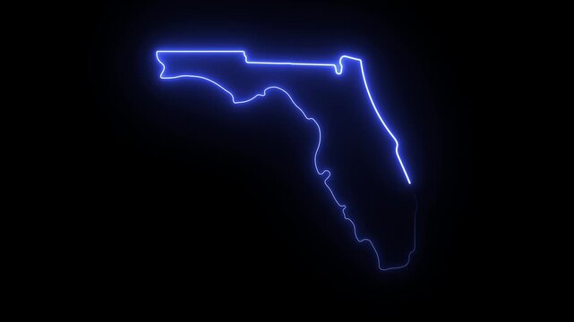 Glowing neon florida state map outline animation on black background 4K Motion video animation