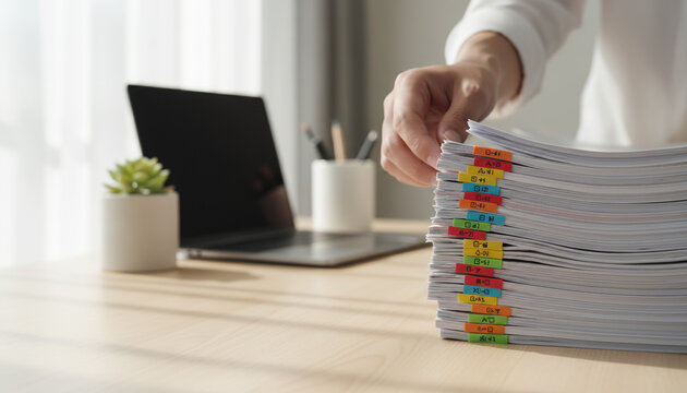 Person organizing a stack of documents with colorful index tabs on a modern office desk