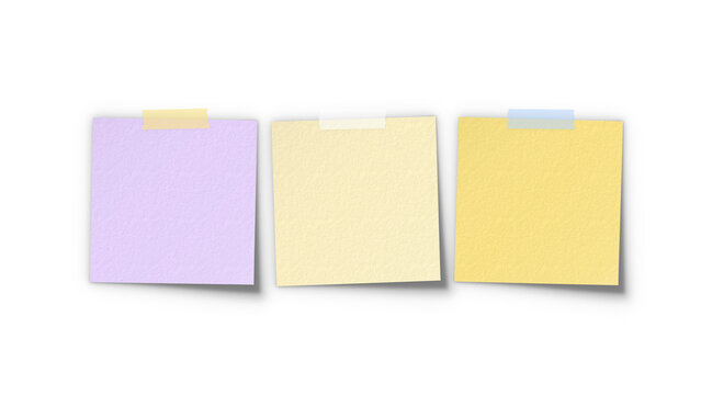 Sticky note memo pad set mockup. Colorful pastel post-it reminder papers collection with clear adhesive tape for message board and office notice.