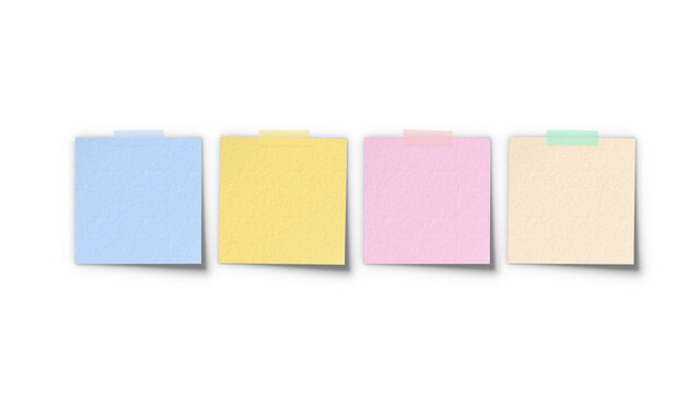 Sticky note 4 color pad set mockup. Pastel blue yellow pink beige post-it memo papers collection with adhesive washi tape for project planning.