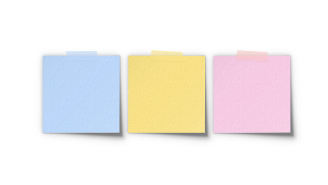 Sticky note pastel reminder collection mockup. Blue yellow pink post-it memo paper sheets set with tape for bulletin board and office task planning.
