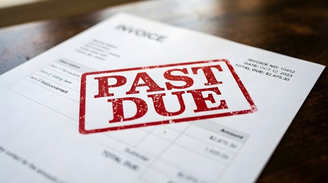 Red past due rubber stamp on paper invoice document placed on wooden desk