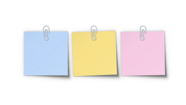 Sticky note paperclip memo pad set mockup. Pastel blue yellow pink post-it sheets collection attached with metal paper clips for office organization.