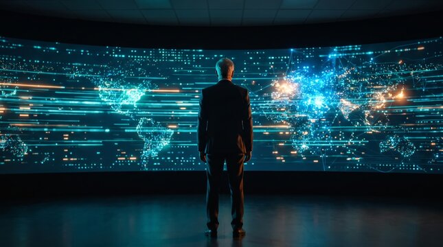 Businessman viewing artificial intelligence data wall in dark control room