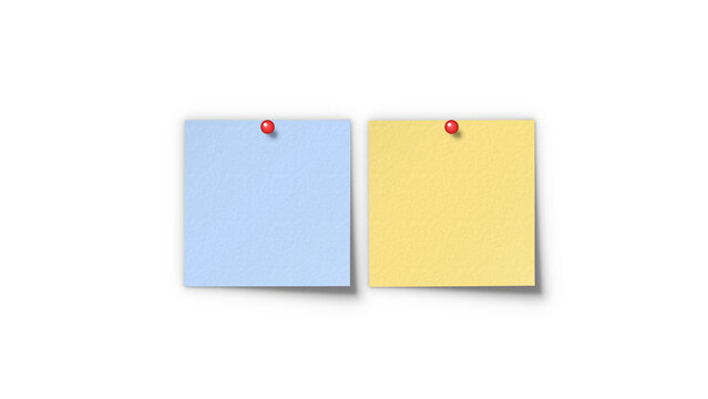 Sticky note push pin memo set mockup. Blue and yellow post-it reminder papers collection pinned with red pushpins for bulletin board and office task.