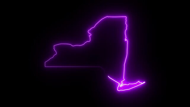 New york state map outline with glowing neon purple light effect on black background 4K Motion video animation