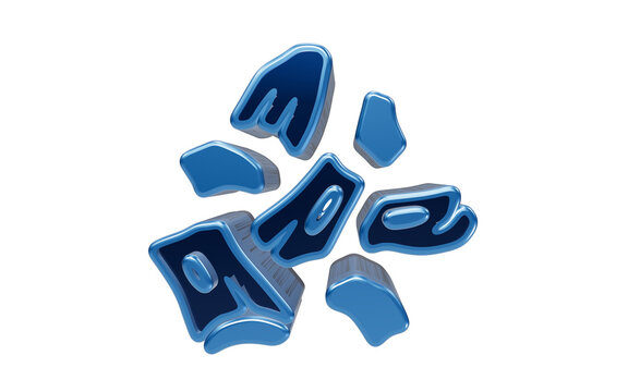 Fragmented Blue Shapes: Abstract arrangement of scattered blue metallic elements with dark outlines, suggesting a broken or deconstructed form.