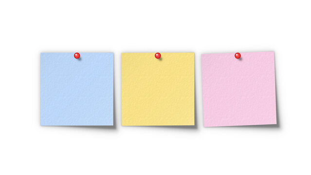 Sticky note pinned memo set mockup. Blue yellow pink post-it reminder sheets collection attached with red pushpins for cork board notice.