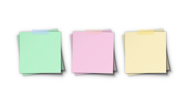 Sticky note colorful square pad set mockup. Green pink yellow post-it reminder memo papers collection with drop shadow for office task list.