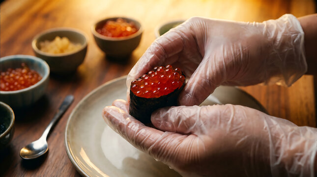 Chef hands wearing gloves holding a salmon roe gunkan sushi with ikura on nori over a ceramic plate with ginger and dipping bowls in the background