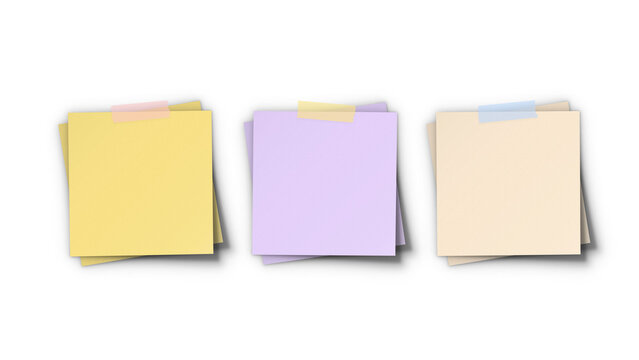 Sticky note taped memo pad collection mockup. Yellow purple beige post-it reminder papers set with scotch adhesive tape for message notice board.