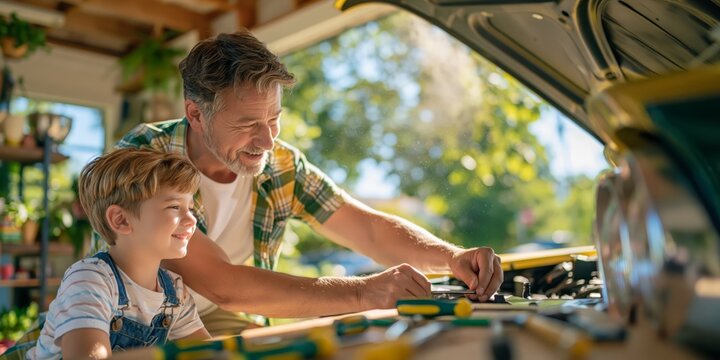 Father teaching his young son how to repair a car, working together under an open hood in a warm garage, representing family bonding, parenting, learning and hands-on skills.