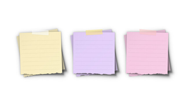 Sticky note ripped edge paper set mockup. Pastel yellow purple pink torn post-it memo sheets collection for craft journal and message reminder.