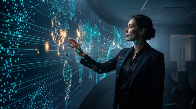 Female executive touching artificial intelligence world map display