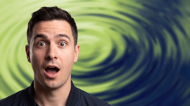 Adult white man startled amazement wide eyes green swirling background An adult White man stares forward with wide eyes and an astonished open mouth for unexpected announcements campaigns
