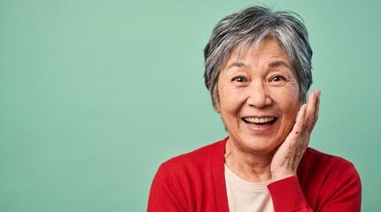 Fototapeta premium Older east asian woman surprised smile hand cheek mint solid An older East Asian woman touches her cheek with a bright surprised smile for senior lifestyle and delightful news campaigns