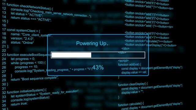 Teal Powering Up Progress Bar on a Background of Computer Code loading programming. Motion graphics of computer loading bar screen