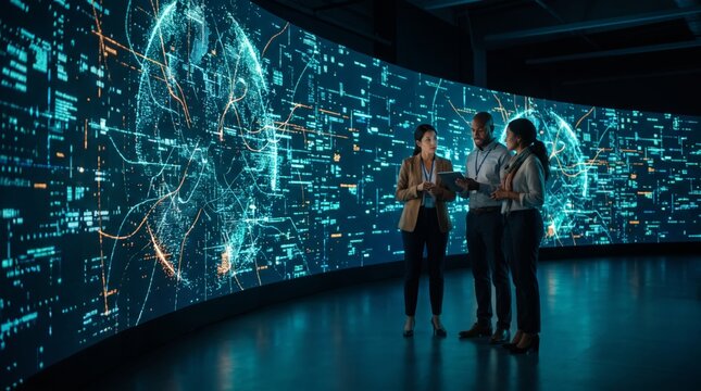 Business team reviewing artificial intelligence infrastructure map