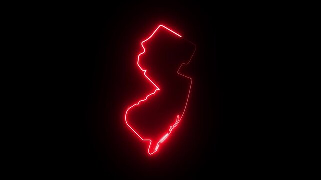 Glowing red neon outline map of new jersey state, digital on black background 4K Motion video animation