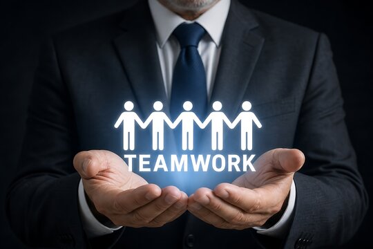 Hands holding glowing teamwork icon with figures and text over black background