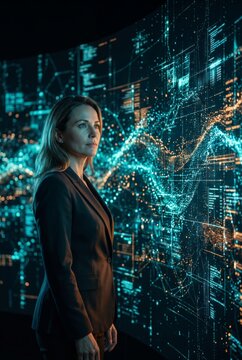 Female professional observing artificial intelligence city data wall