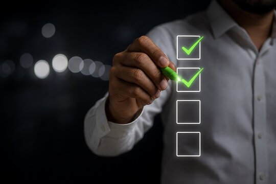 Man drawing green checkmarks on digital checklist with glowing effect
